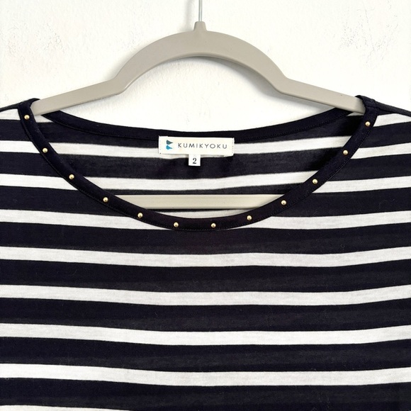 Kumikyoku Blue and White Striped 3/4 Sleeve Top Studded Neckline Size 2 / US M - Picture 2 of 10